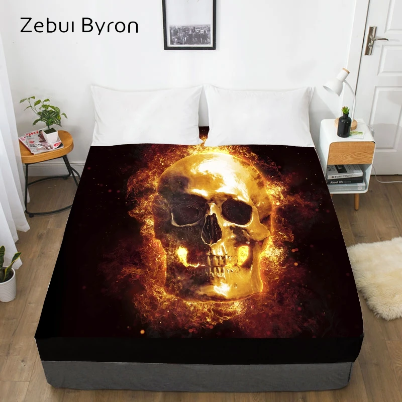 3D Custom Bed Sheets With Elastic,Fitted Sheet Queen/King,skull in