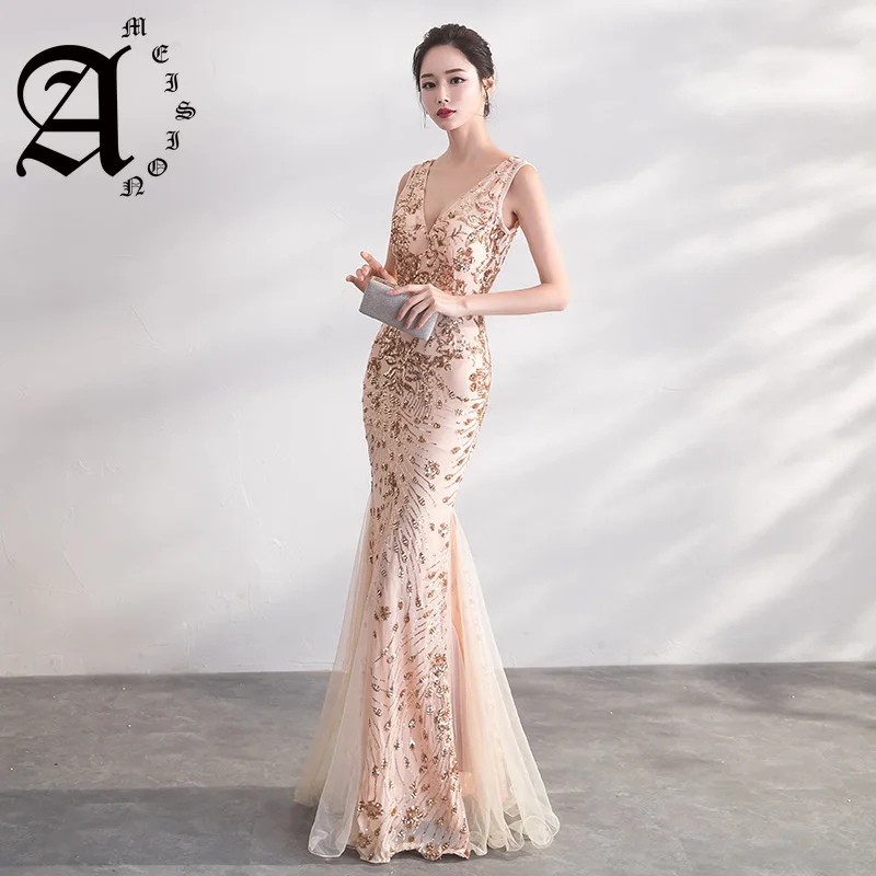

Ameision Evening Dress 2019 Sleeveless Floor length Mermaid Party Gown Shining Sequins Charming Formal Trumpet Dresses