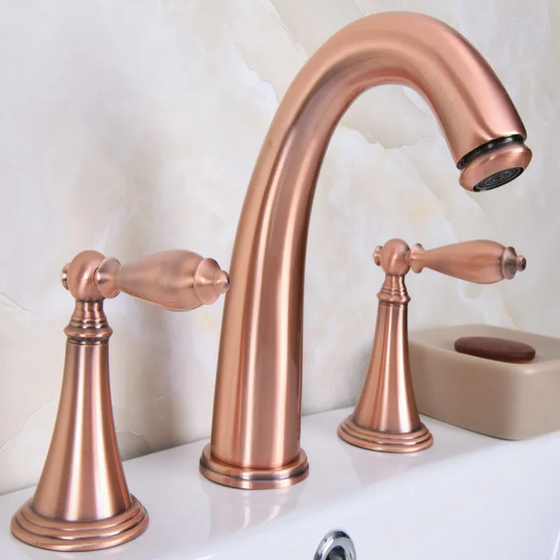 

Antique Red Copper Widespread Dual Handle Bathroom Washing Basin Mixer Taps Deck Mounted 3 Holes Lavatory Sink Faucet arg066