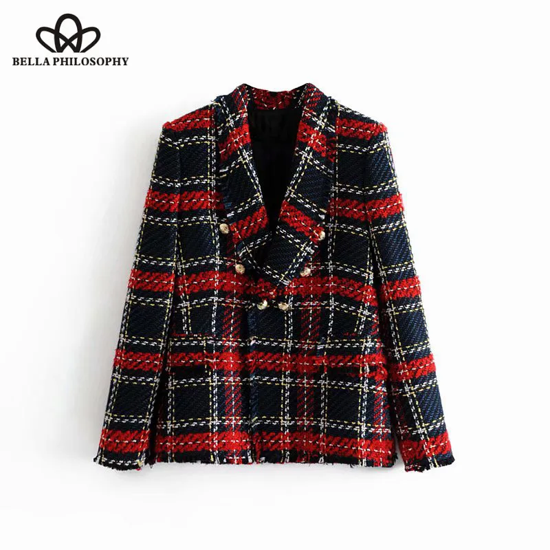 Wonder 2018 autumn Vintage Double Breasted Frayed Checked Tweed Blazers Coat Pockets Plaid Ladies Outerwear Casual Casaco Femme