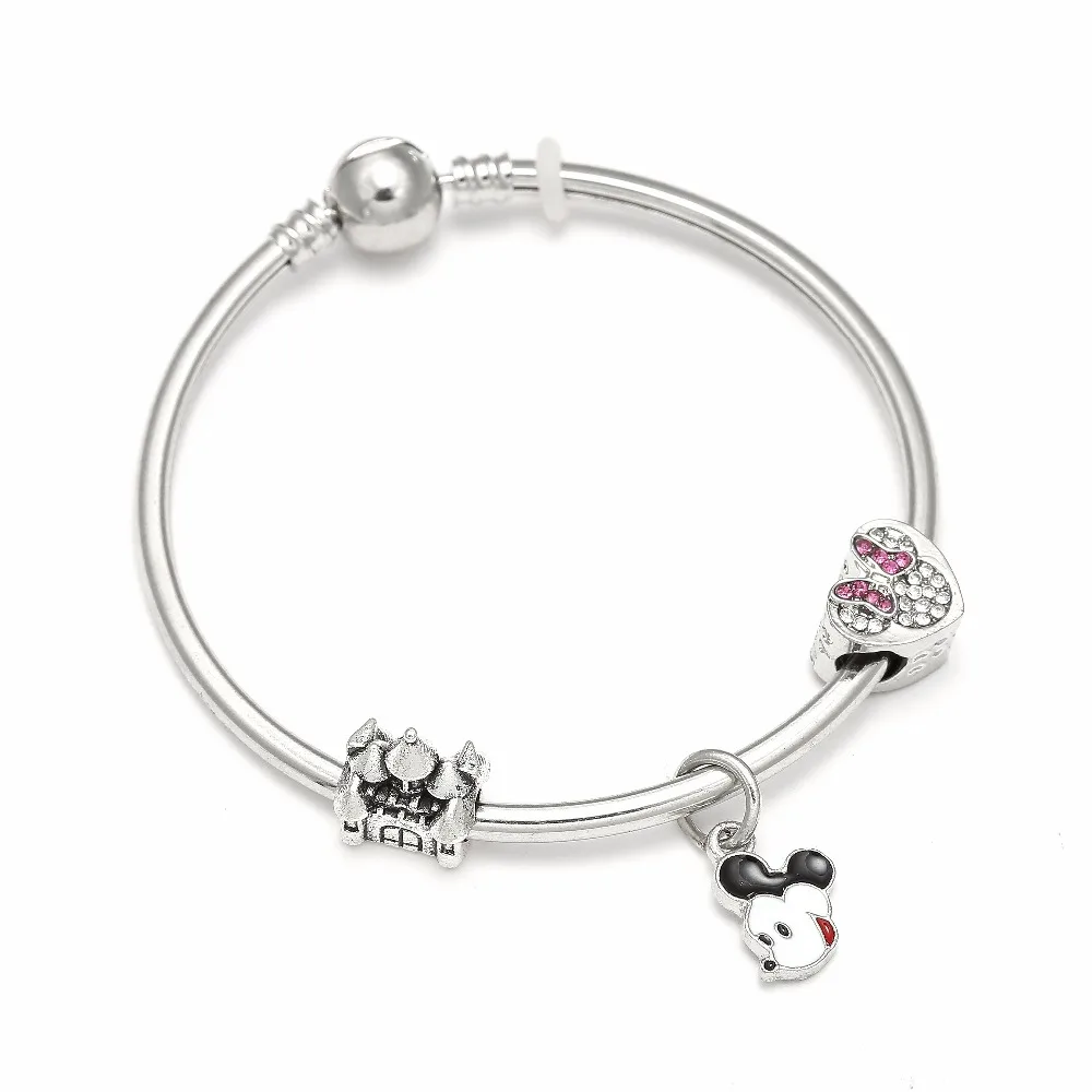 

Cute Cartoon Style Minnie&Mickey Silver Charm Bracelet with Crystal Heart Beads Brand Bracelet for Women Children Jewelry Gift