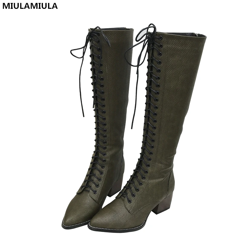

MIULAMIULA Brand Designers 2018 Winter Fashion Cross Tie Snake Line Leather Woman Knee-high Boots Zippers Pointed Shoes 35-40