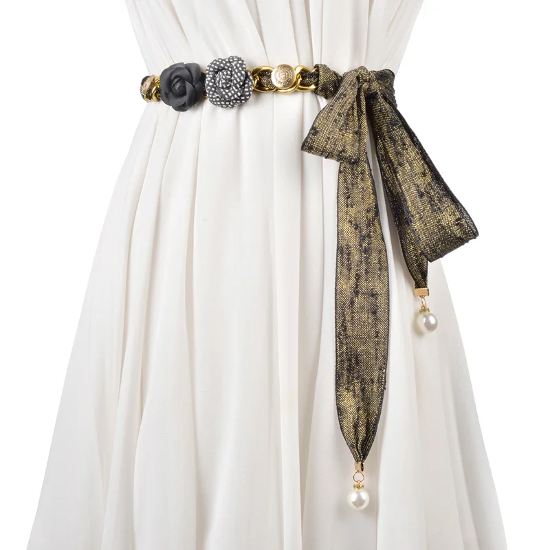 

2018 fashion long belt high quality fabric belts for women Personality metal belt flower decoration waistband female belts chain