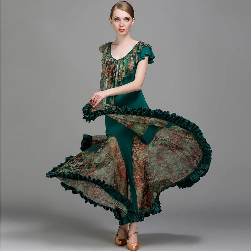 Дешевый бального танца Конкурс платья фламенко стандарт танцевальные платья Вальс Танго D0977 3 вида цветов большой подол с оборками