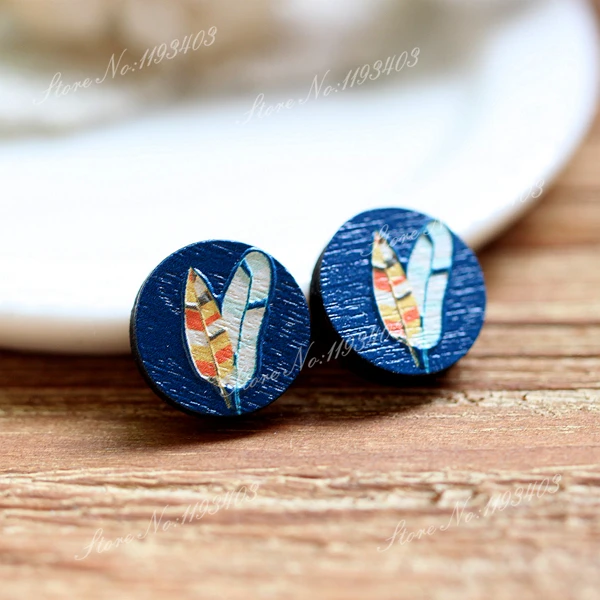 

Unique 3D Feather Embossed 16mm Round Coloured Drawing pattern Laser Cut wood Cabochon DIY for Rings, Earring,Brooch,Necklace