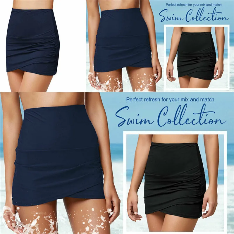 Fashion Casual Slim Solid Summer Women High Waist Swim Bottoms Beach Swimsuit Hem Drawstring Bikini Skirt Summer Clothes