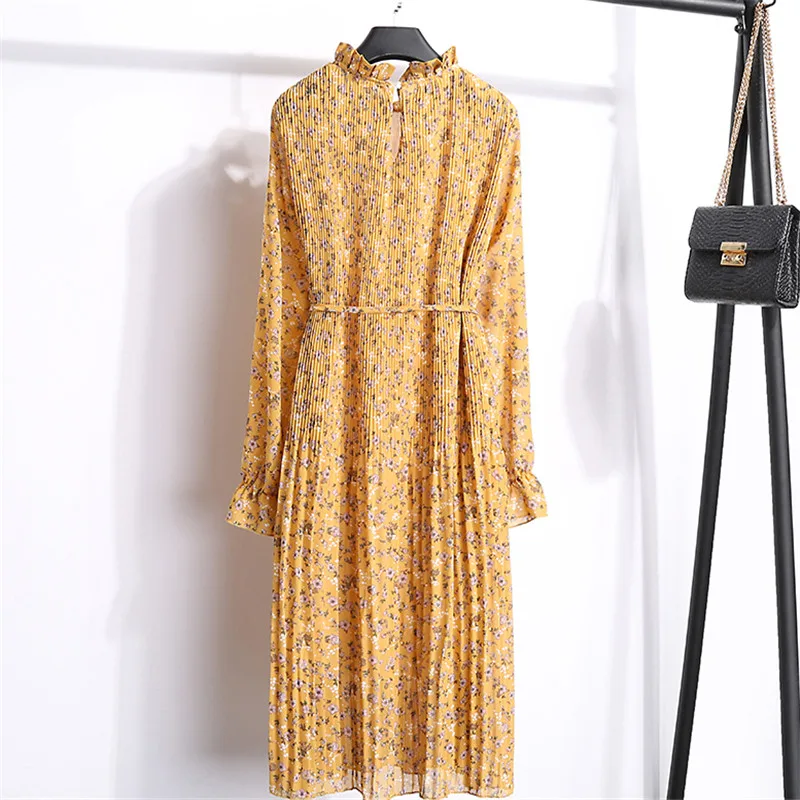 

Two layer chiffon pleated dress 2019 spring autumn female vintage print elegant long sleeve loose casual office lady dress