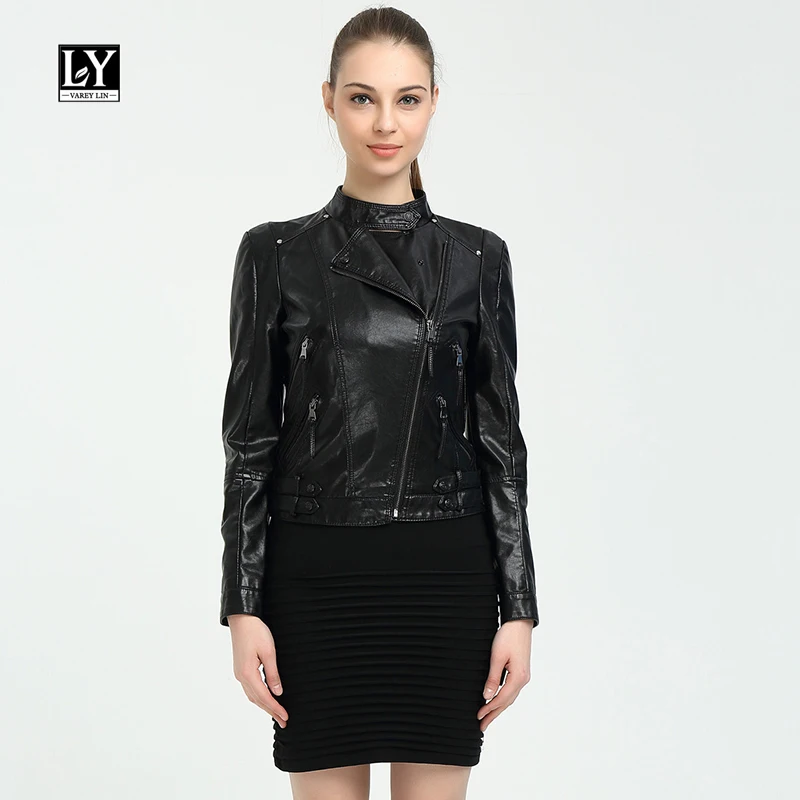 LY Varey Lin New Women PU Leather Jackets Faux Soft Leather Coat Slim Black Rivet Zipper