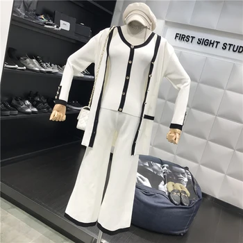 

2019 spring summr new sweet halter vest top + Cardigan + Wide-Leg Pants knit Three-piece Suit suit set SE204