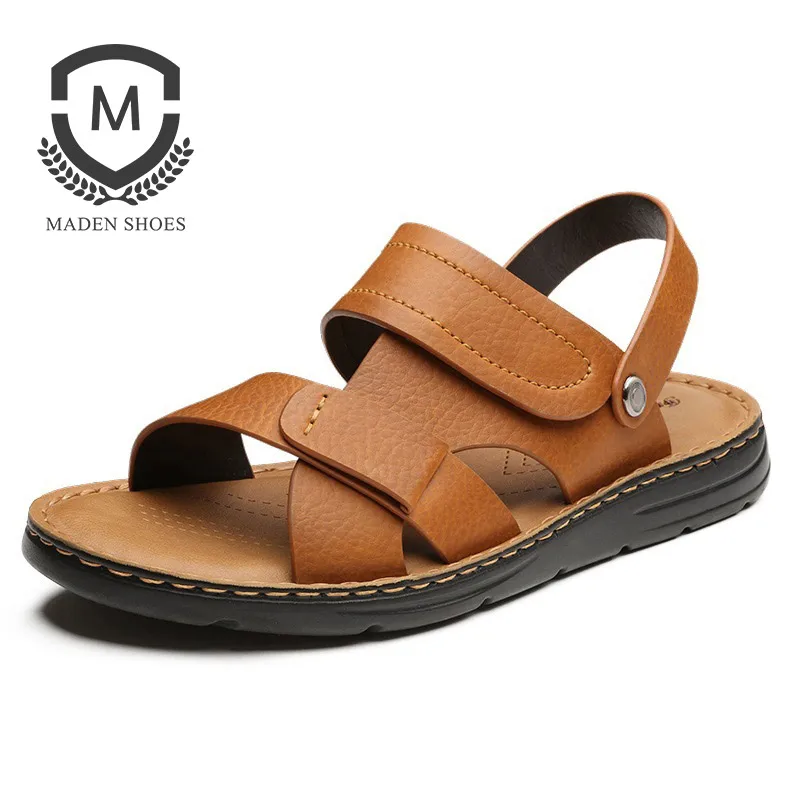 Maden Waxy Split Leather Men Sandals Slippers 2 Uses Summer Beach Shoes Basic All matching Hook 