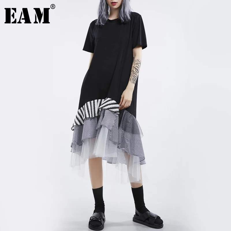 

[EAM] 2019 New Spring Summer Round Neck Short Sleeve Black Hem Mesh Irregular Plaid Temperament Dress Women Fashion Tide JT592