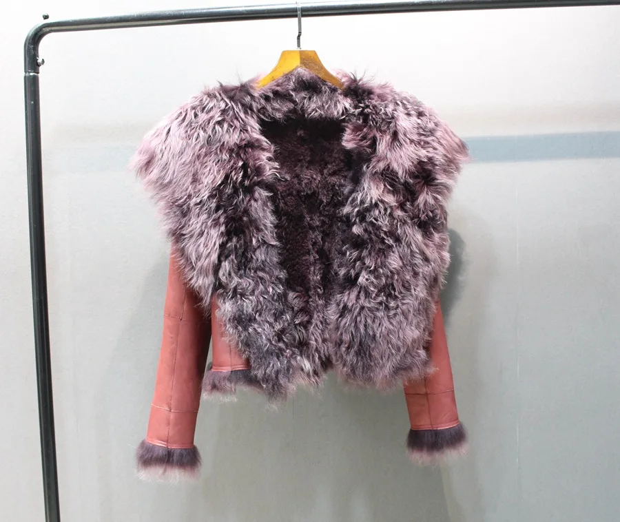 ladies genuine sheepskin leather and fur jacket big collar  (3)