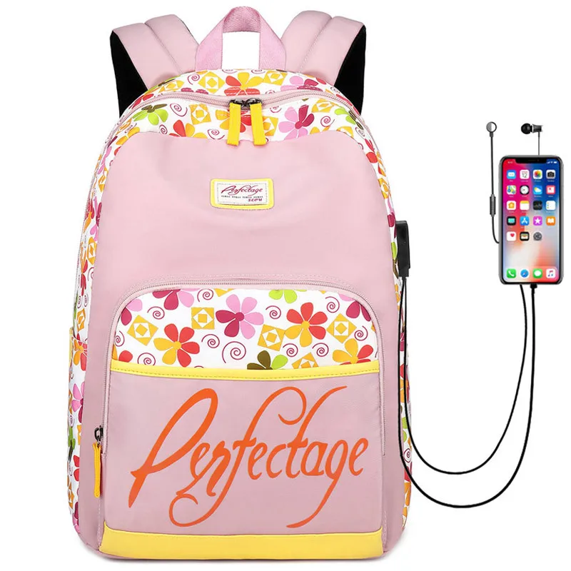 New USB Charging Canvas Women Backpack Cute Printing School Backpacks