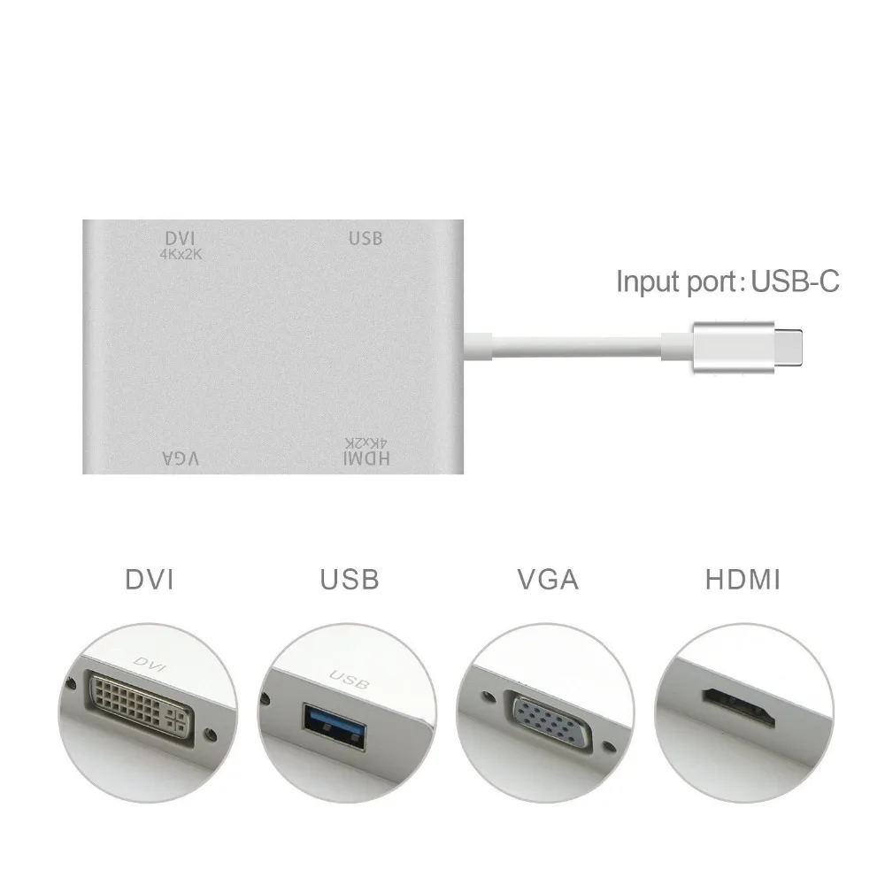 Mini 4 in 1 USB 3.1 Type C Male to HDMI VGA DVI USB 3.0 Female Video Adapter Aluminium Adapter 4K 1080P Converter For Macbook