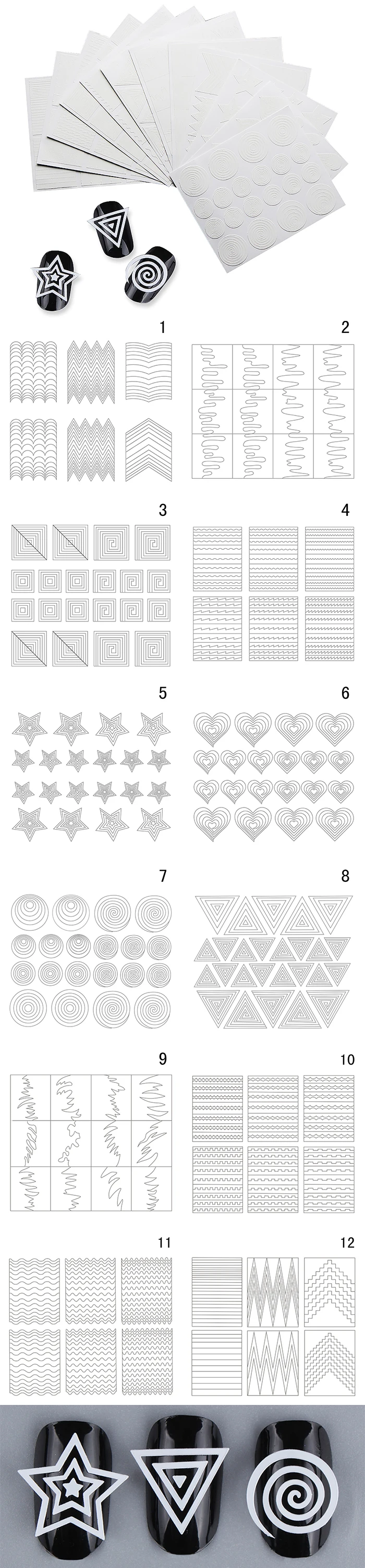 12 листов, наклейки для ногтей, Геометрические полосы, французские завитки, искусство для ногтей, винилы, круг, звезды, сердце, трафарет для маникюра, советы, руководство, украшение
