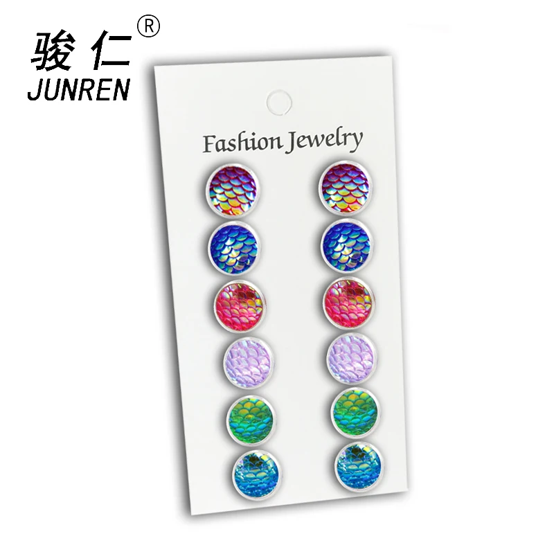 Новинка, 6 пар/упак. разноцветные Круглые серьги-гвоздики в виде русалки, серьги для пирсинга в форме рыбьей чешуи, серьги с узором для женщин, бижутерия, 12 мм