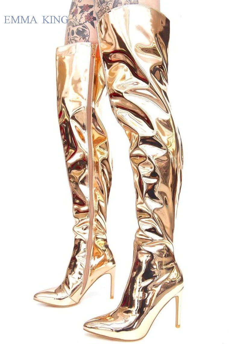 De Haute Genou Bottes Pointu or En Sur Femmes Cuir argent Glissière Latérale Noir Botas Aiguilles Le Hauts Mujer Bout Cuisse Talons Mode Miroir 6gvY7fyb