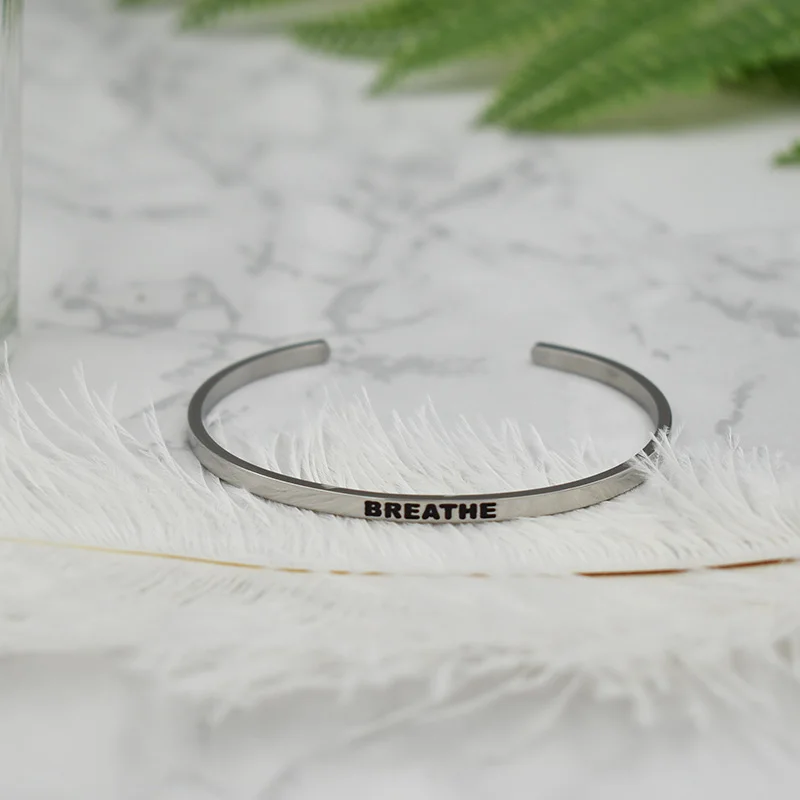 

New Stainless Steel Engraved BREATHE Inspirational Quote Hand Stamped Cuff Mantra Bracelet Bangle