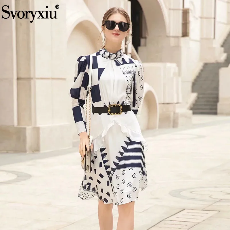 

Svoryxiu Summer Runway Dresses Women's High Quality Puff Sleeve Baroque Printing Draped Vacation Party Dress + Belt