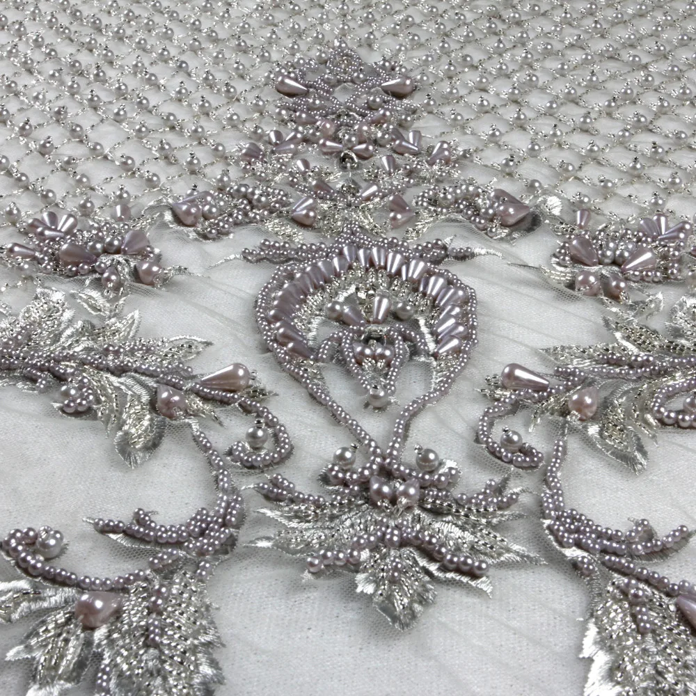 

La Belleza 2018 New fashion design super heavy handmade beading crystl pealrs wedding dress lace fabric 1 yard gray ivory fabric