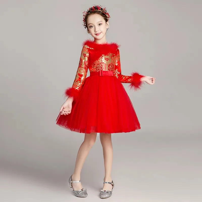 

2018 New Chinese Style Children Kids New Year Birthday Party Princess Prom Dress Girls Baby Red Color Christmas Piano Tutu Dress