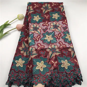 

New Latest 2019 African Lace Burgundy High Quality Guipure Cord Lace Fabric Flower Cotton Guipure Lace Fabric For Party Dresses