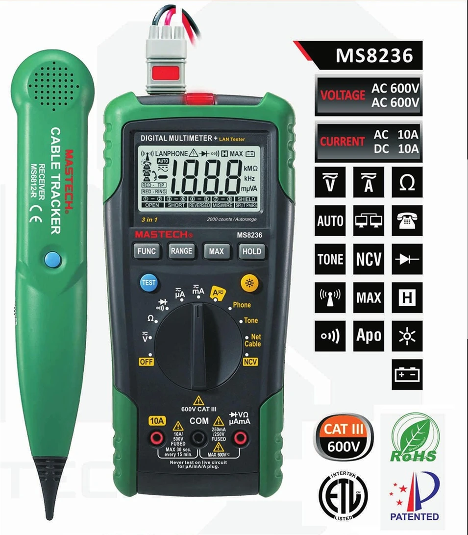 

MASTECH MS8236 Digital Multimeter Netwoek Cable Tester Net Cable Tracker Tone Telephone line Check Non-contact Voltage Detect