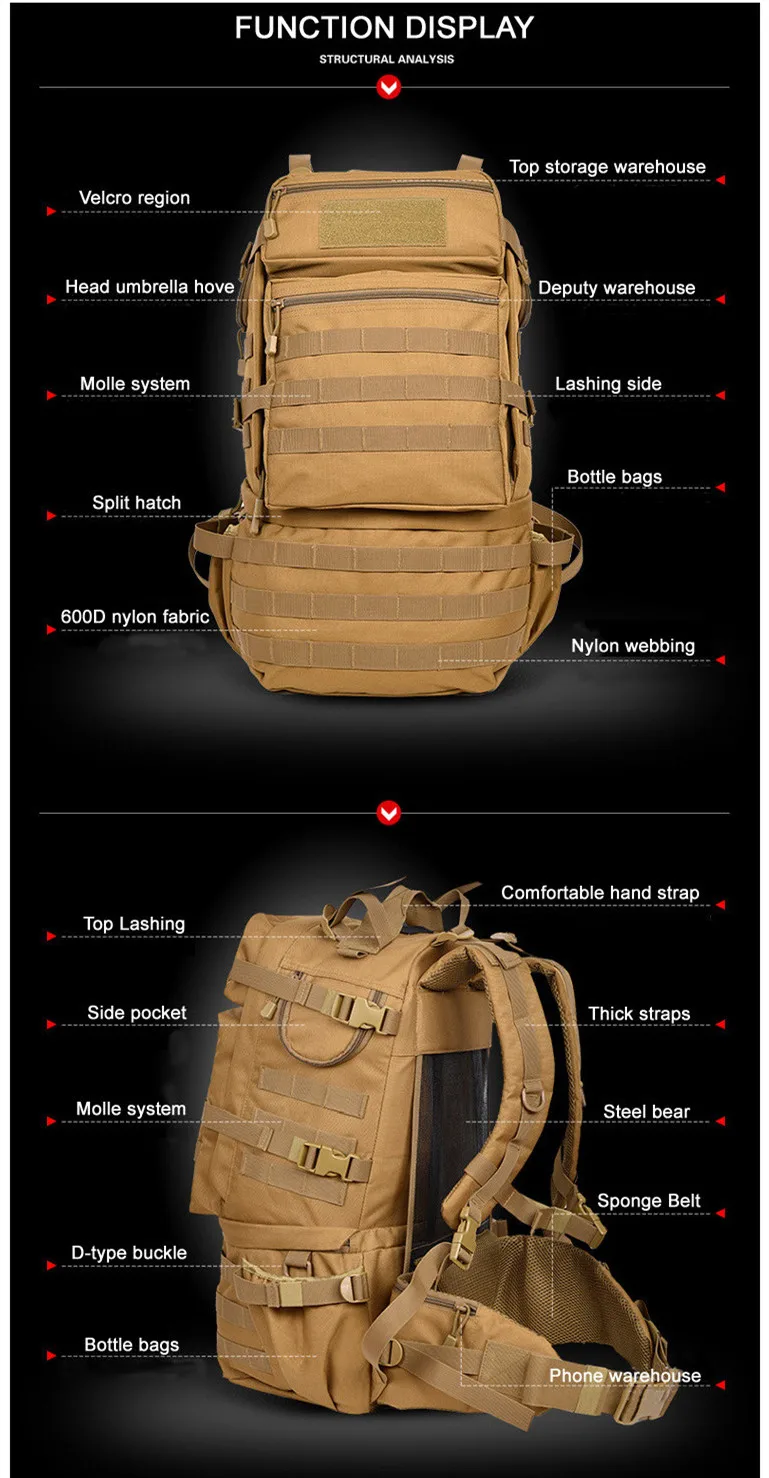 Militar do Exército Mochila de Grande Capacidade de Acampamento Mochila de Viagem ao ar Livre Tático Trekking Caminhadas Bolsa Militar Hombre 50l 3 High Quality Esporte e Lazer