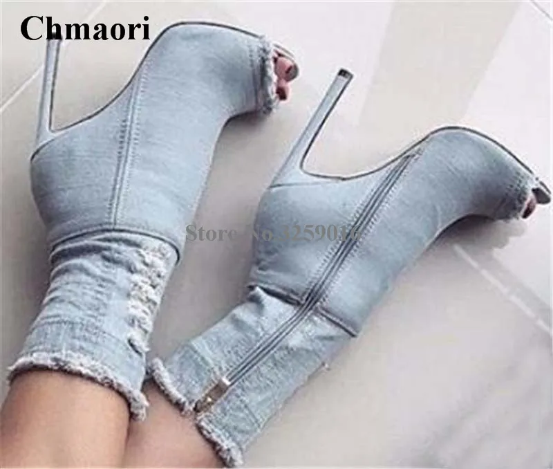 

Spring New Fashion Women Open Toe Denim Short Gladiator Boots Zipper-up Slim Style Thin Heel Ankle Booties Super High Heel Boots