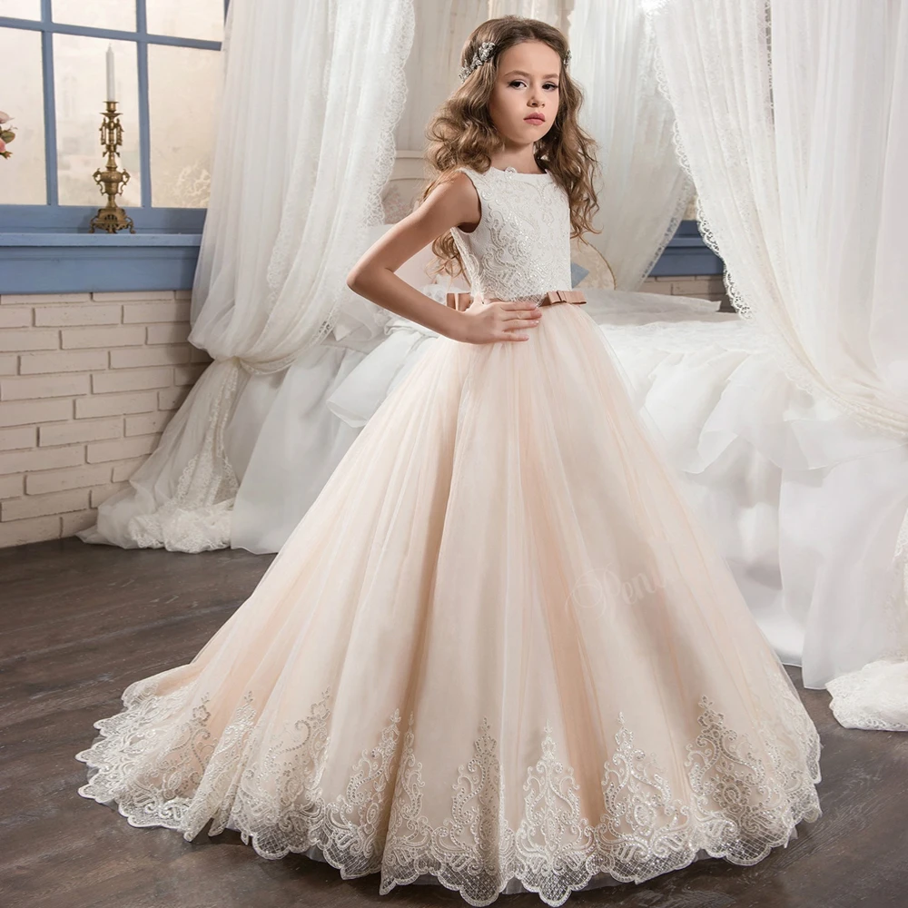 Noble Champagne Flower Girl Birthday Dress with Ribbon Bow Performance