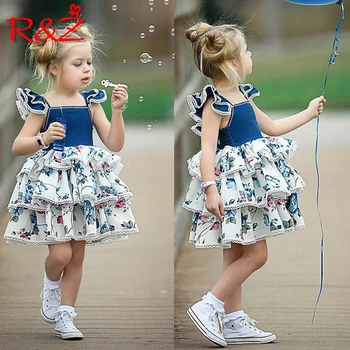 

R&Z Girls Print Dress 2019 Summer New Baby Sweet Tank Dress Small Flying Sleeve Lace Cake Dress