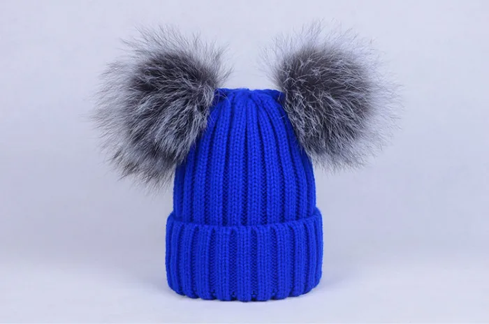 Blue NGSG зима съемный меховой pom шапочка cap для подростков мальчиков унисекс милые Лыж Череп ребенка Шапки женские Зимние флисовые вязать шляпа - Цвет: Blue