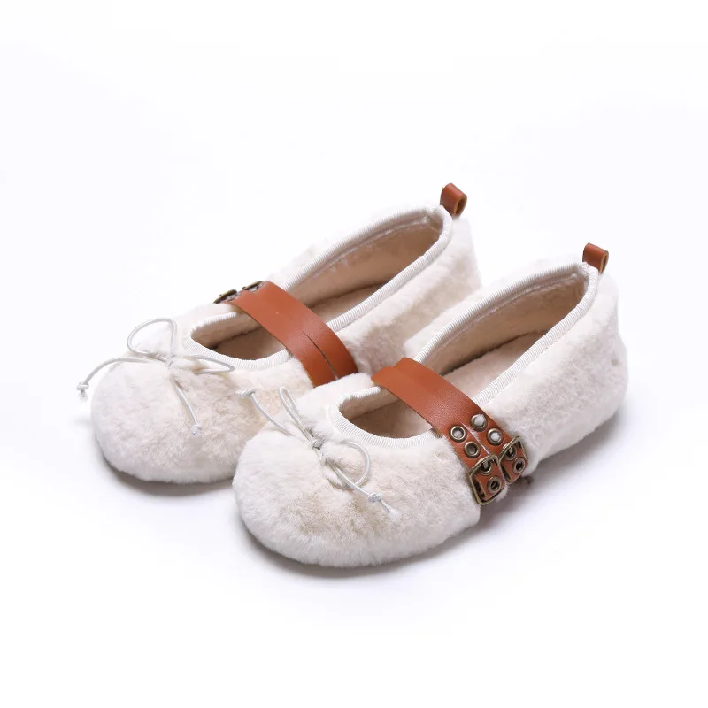 

2018 Autumn Winter Princess Warm Baby Girl's Wool Flats Shoes Cross-Strap Buckle Dance Ballet Shoe for Kid Soft Fur Snow Shoe