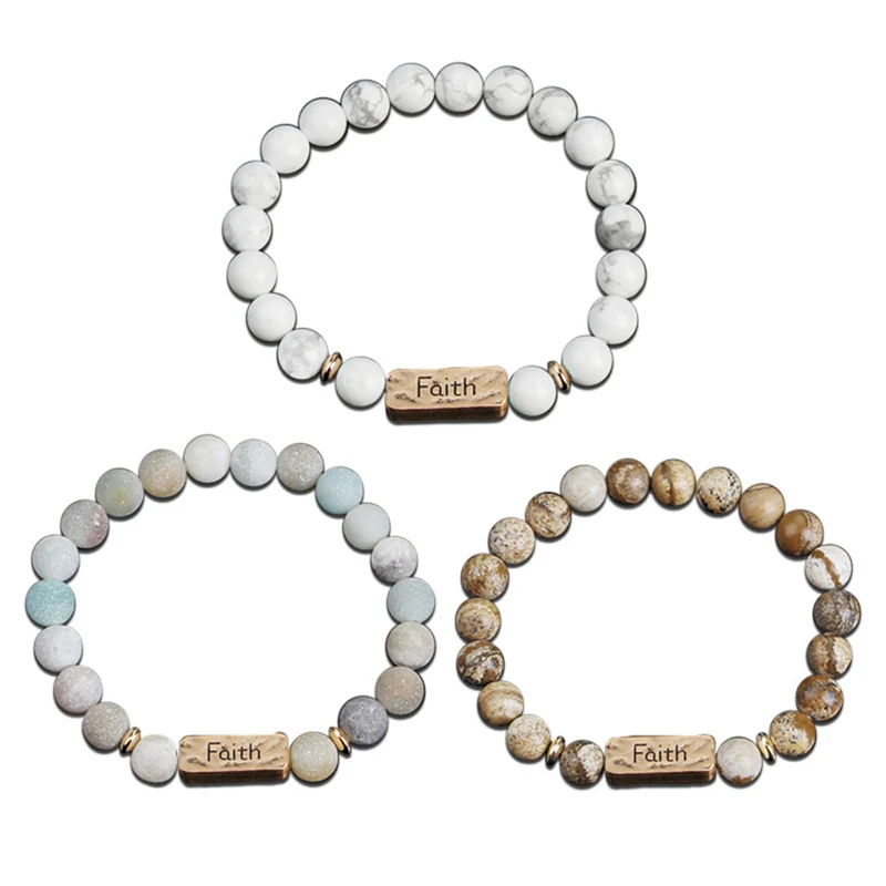 

Vintage Fashion Natural Stone Beaded Bracelets With Powerful/Love/Forever/Active/Faith Letter For Men Women Jewelry Gifts Decor