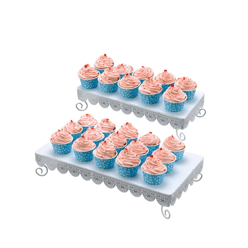 

2Pcs/set White Cake Stands Rectangle Metal Cupcake Display Tray for Wedding Kids Birthday Dessert Table Food Cake Decorating