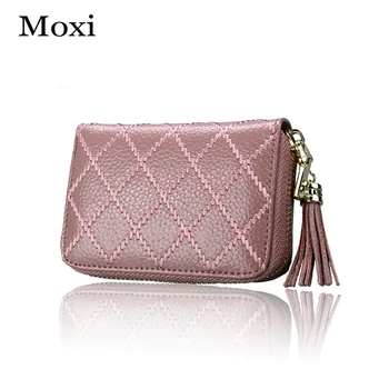 

New Genuine Leather Women Card Holder 15 Card Slot Business Card Case Nine Color Purse Sweet Mini Grid Pattern Female Wallet