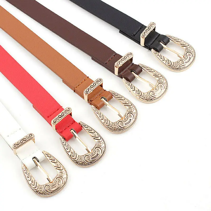 

Women Vintage Buckle Thin Quality Faux Leather Western Belt Ladies Waist Band