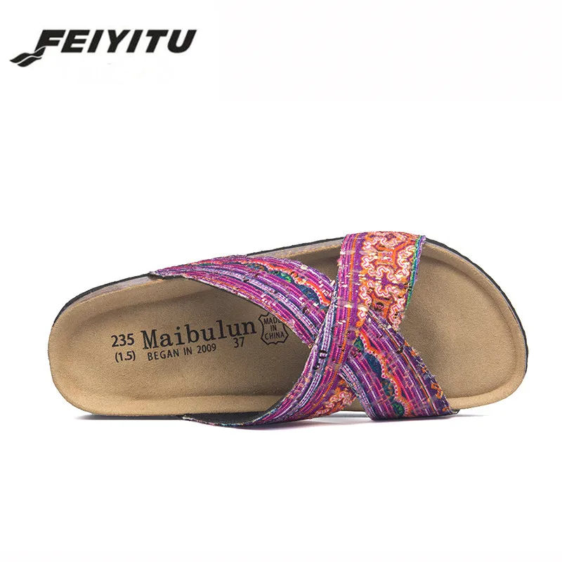 FeiYiTu/Новинка года; модные летние пробковые сандалии; женские повседневные пляжные шлепанцы без застежки; сандалии с перекрестными ремешками на плоской подошве; большие размеры 35-43