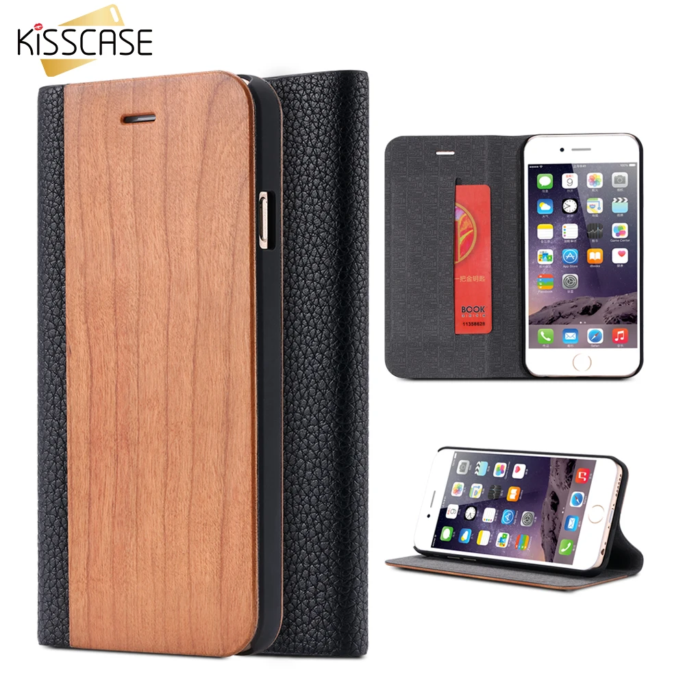  KISSCASE Wood Case For iPhone 11 XR XS Max Redmi Note 8 Case Wallet Stand Genuine Leather Flip Case