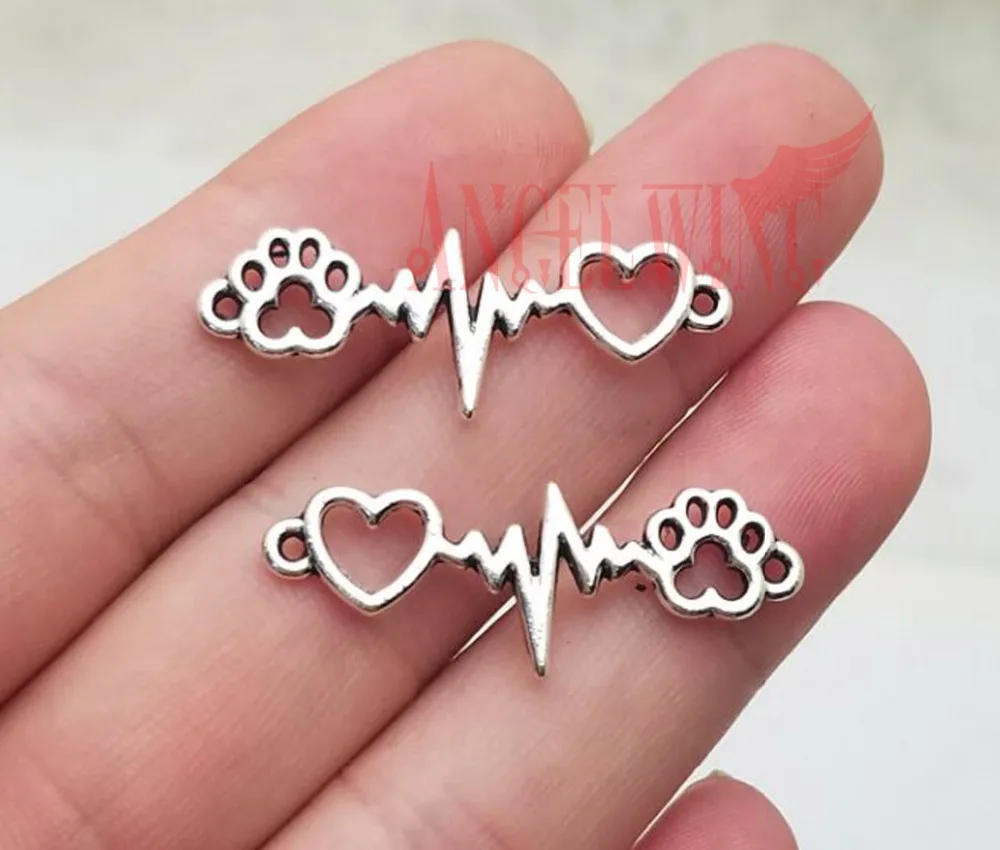 

20pcs/lot--34x12mm, Pet Paws Heartbeat charms, Antique silver Heart rate beat heart paw print Connector charms,DIY supplies