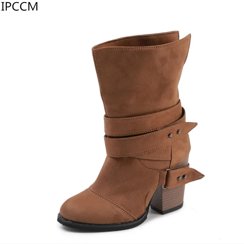 

Winter New Fashion Breathable Warm Non-slip Large Size High Heel Thick With Pointed Female Belt Buckle Martin Boots
