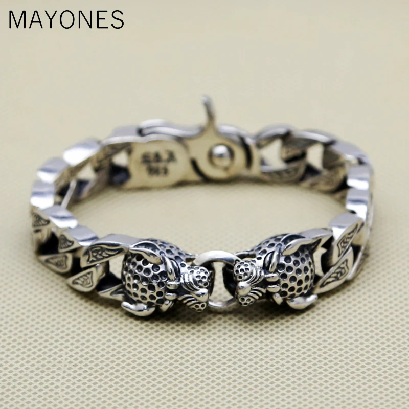 Double-Leopard-Head-Chunk-Bracelet-Men-64-1g-100-Pure-Solid-Sterling-Silver-925-Top-Fashion
