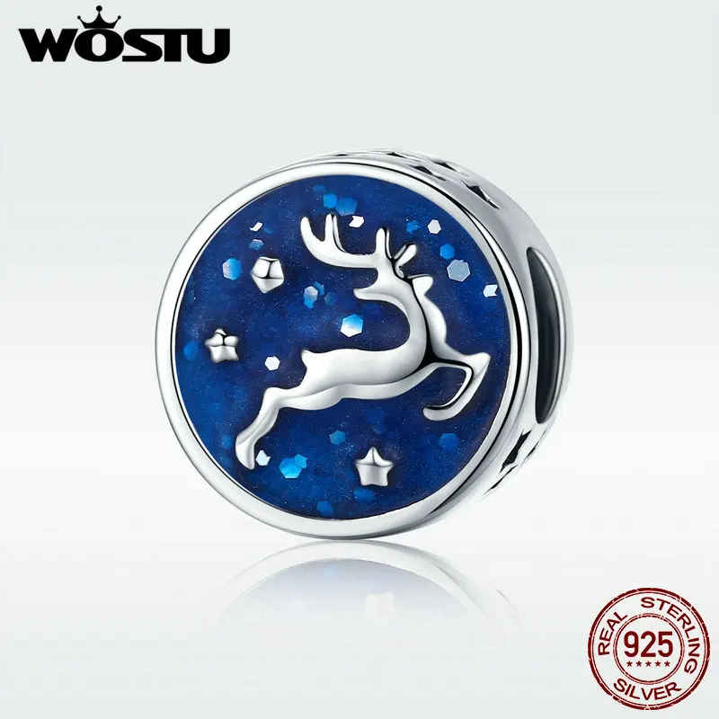 WOSTU Fashion New 925 Sterling Silver Christmas Deer Snowflake Blue Enamel Charm fit Women Charm Bracelet DIY Jewelry DXC458