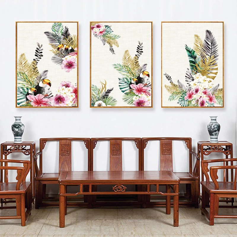 Estilo-chin-s-Da-Flor-Da-Aguarela-e-Aves-Tucano-Animais-Pintura-Da-Lona-Decora-o (3)