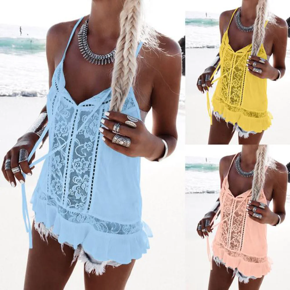 Women's Tops Ladies Blouse Beach Summer V-Neck Fashion Holiday Casual Solid Vest Lace Hollow Out Tops