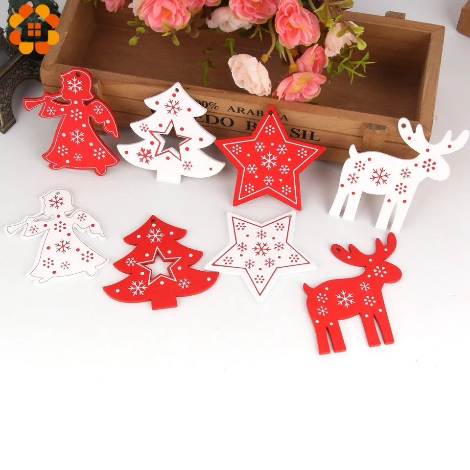 8PCS White&Red Wooden Christmas Ornaments Pendants Wood Crafts Hanging Xmas Tree Ornament Kids Gift Christmas Party Decorations