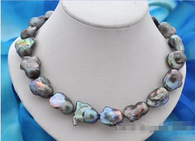 

FREE shipping>>>>Rare 17.5" 25mm baroque black keshi reborn pearl necklace