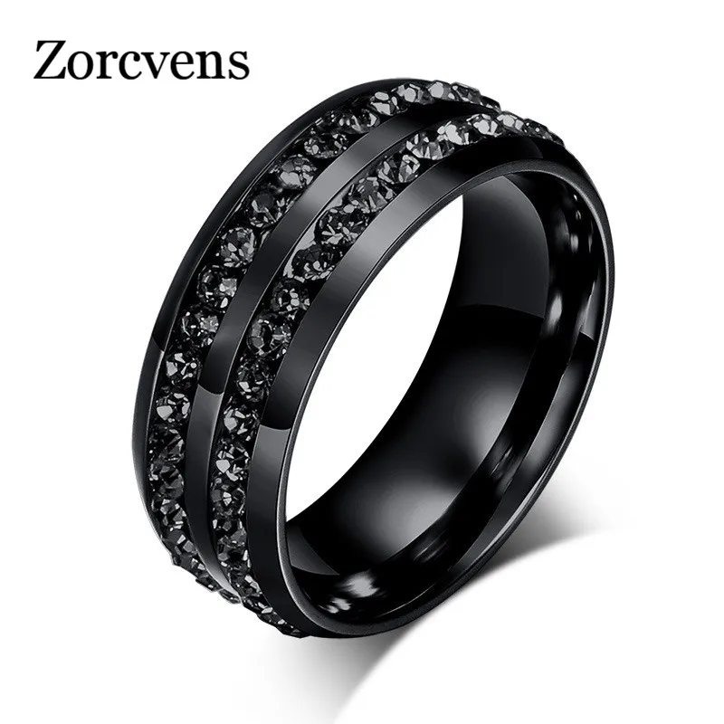 Modyle New Fashion Men Rings Black Crystyal Rings Stainless Steel Men Wedding Rings