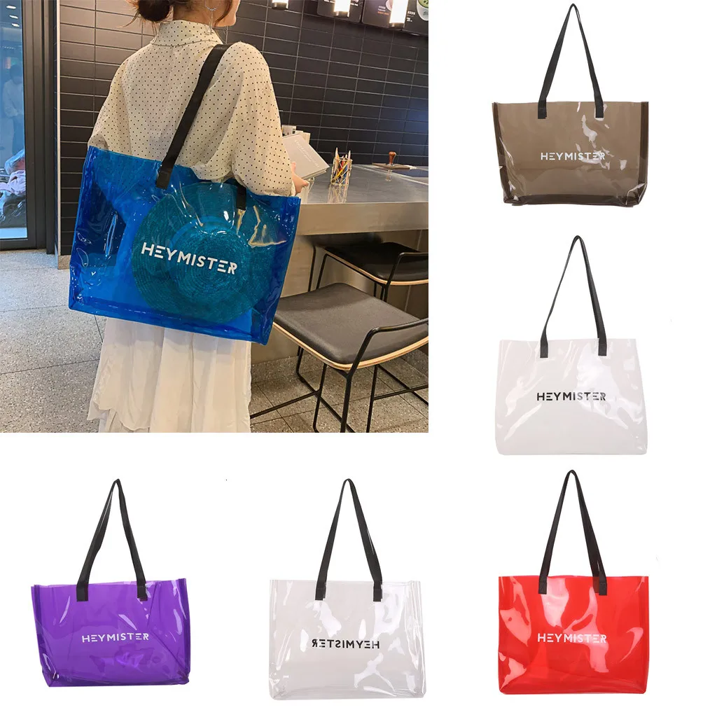 

2019 New Women Shoulder Bags Simple Wild Transparent Bag Candy Beach Letter Print Large Capacity Shoulder Bag Sac A Main Clutch