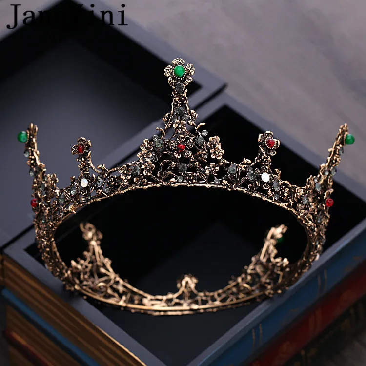 

JaneVini Vintage Baroque Wedding Crowns Round Crystal Bridal Crown Tiaras Bride Black Handmade Rhinestones Headpieces Hairwear